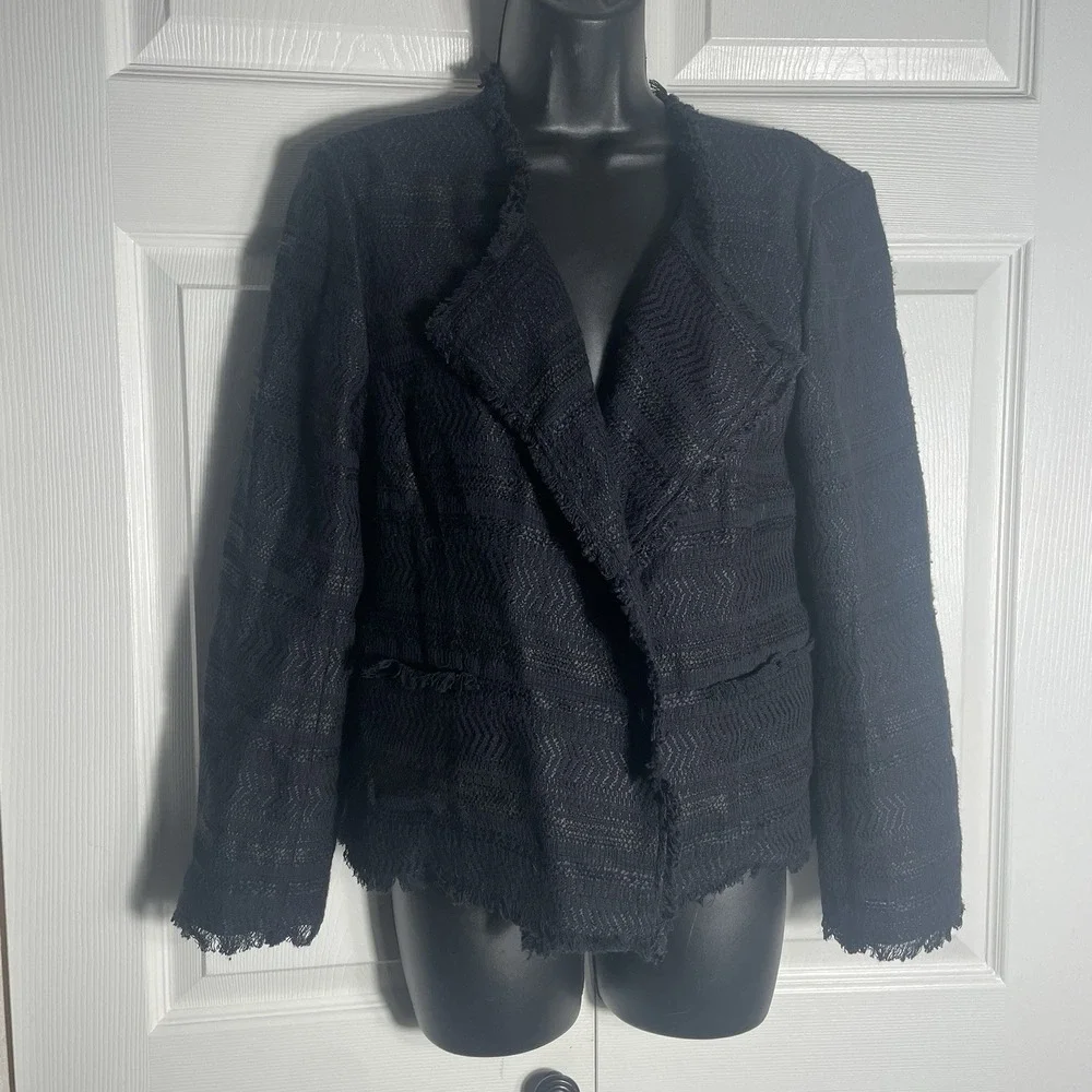Ann Taylor Loft Jacket Women 6 Black Textured Long Sleeve Open Front Raw Hem Top